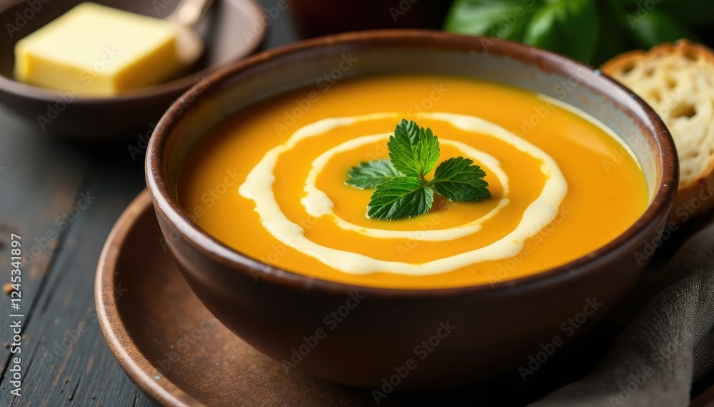 Warm and comforting butternut squash soup served in a stoneware bowl with a side of crusty bread and a pat of butter, warm, soup