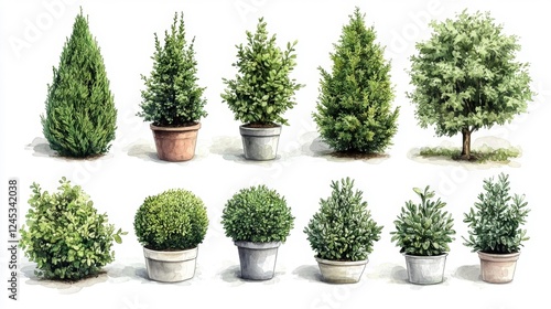 Various Green Bushes and Potted Plants Isolated on White. Generative AI