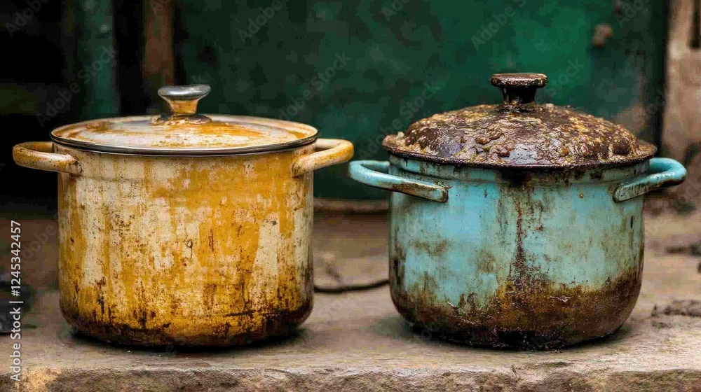 A clean, shiny pot stand next to a dirty, grease-covered one. A clean, shiny pot stand next to a dirty, grease-covered one.