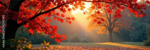 Warm sunlight filters through branches of trees with red autumn leaves, autumnal colors, winter garden, bare tree
