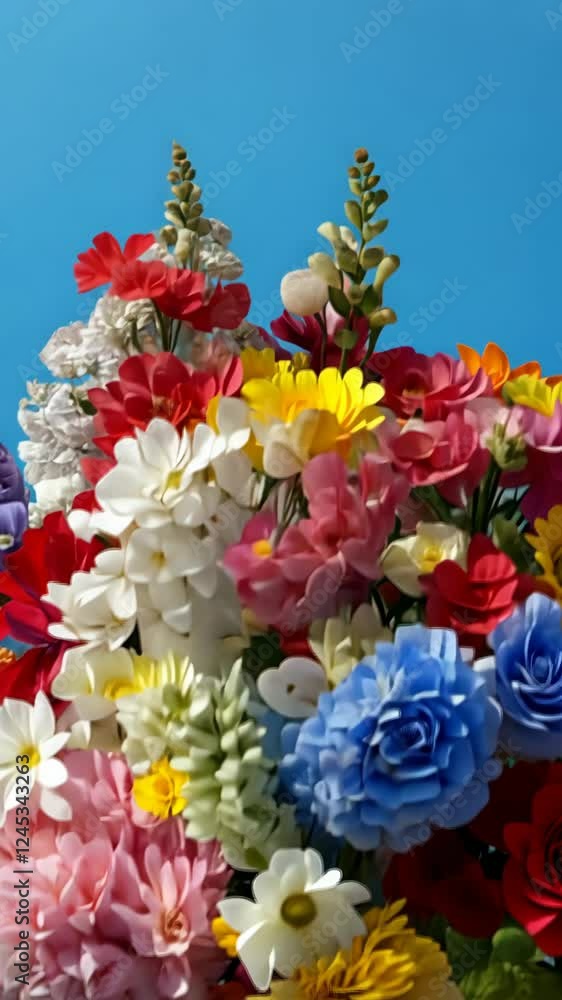 Bright flower arrangement against a clear blue sky showcasing vibrant colors and diverse floral varieties Bright flower arrangement against a clear blue sky showcasing vibrant colors and diverse floral varieties