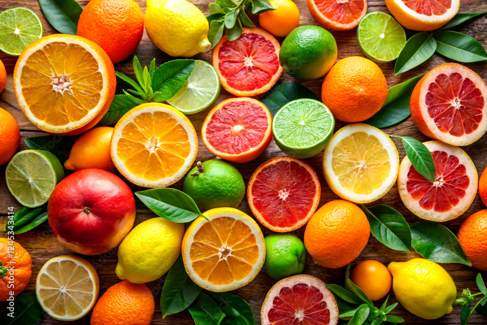A variety of citrus fruits, such as oranges and grapefruits, with fresh herbal leaves. Created with AI Generative A variety of citrus fruits, such as oranges and grapefruits, with fresh herbal leaves. Created with AI Generative