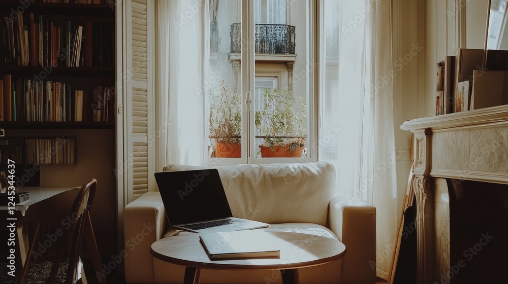 Fototapeta premium A cozy home setting with natural light pouring through freshly cleaned curtains.