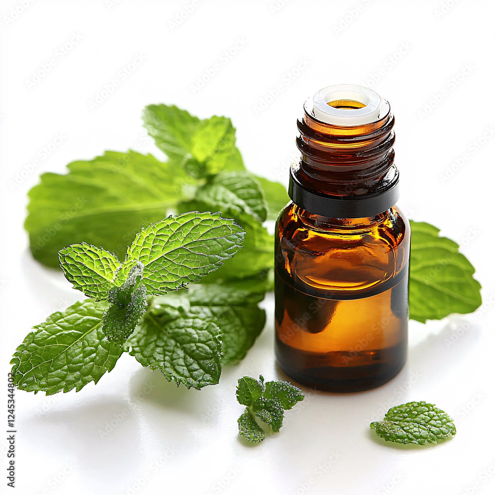 Fresh leaves sit next to a small brown glass bottle of aromatherapy oil Green leaves, a bottle of mint, and some fresh leaves are visible in the photo. Fresh leaves sit next to a small brown glass bottle of aromatherapy oil Green leaves, a bottle of mint, and some fresh leaves are visible in the photo.