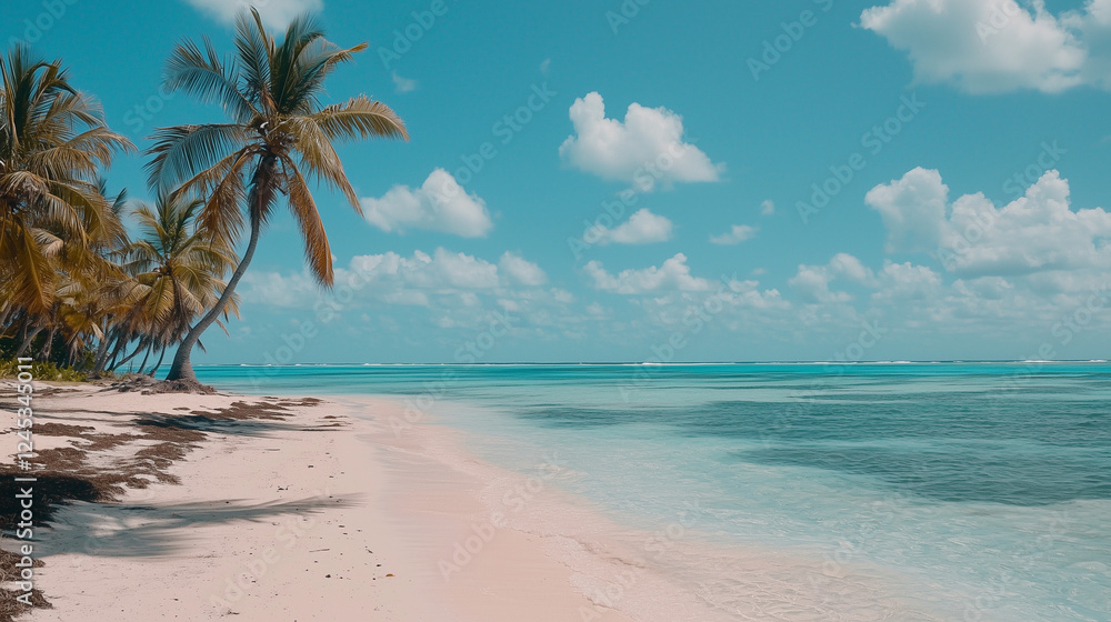 A stunning tropical beach with shimmering, crystal-clear turquoise waters stretches into the horizon A stunning tropical beach with shimmering, crystal-clear turquoise waters stretches into the horizon