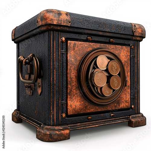 Here are the different images you requested, but please do not use them as a title: Antique treasure chest, a weathered, rusty box, containing coins with a lockable handle. photo