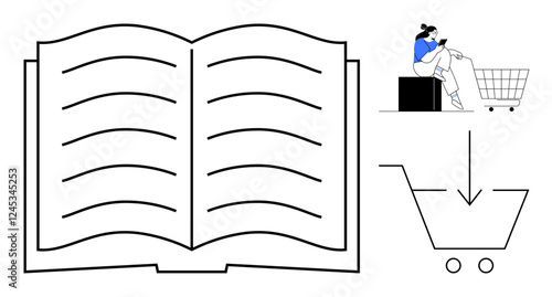 Open book and shopping cart with arrow. Woman sitting near cart browsing device. Ideal for online shopping, bookstore, e-commerce, digital reading, consumer behavior, library education. Simple