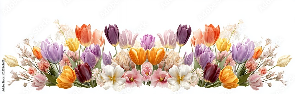 Fototapeta premium Multicolored Tulips and Spring Flowers Horizontal Border
