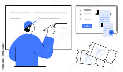 Person writing a list on a large board, digital receipt with pay button, and two airline tickets. Ideal for travel planning, online booking, budgeting, financial management, itinerary creation