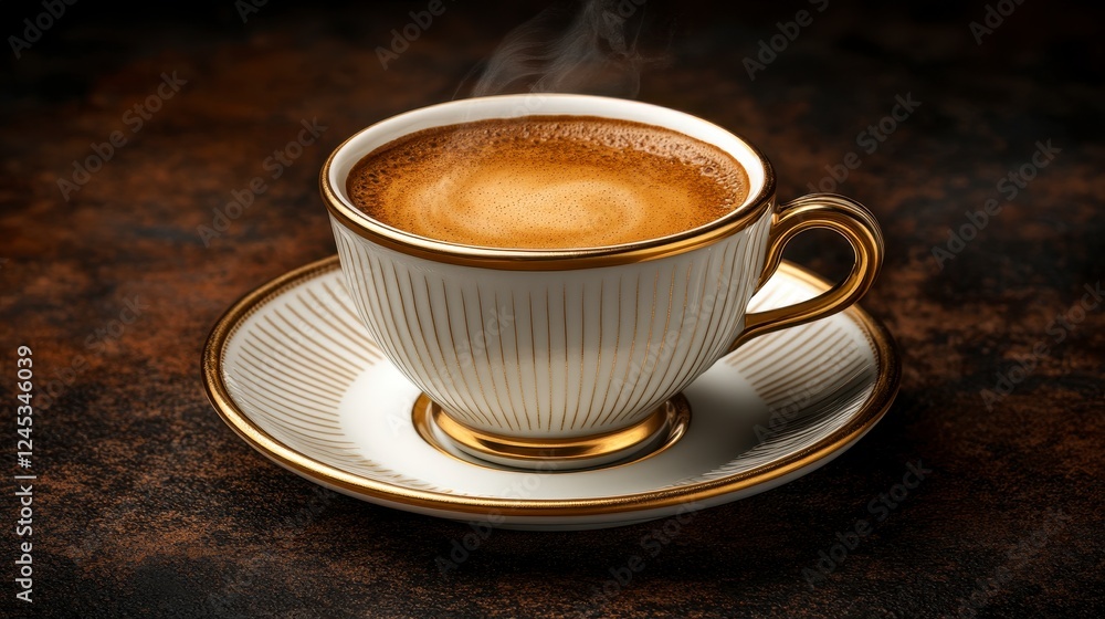 Steaming espresso in elegant cup, dark background, cafe setting, food photography Steaming espresso in elegant cup, dark background, cafe setting, food photography