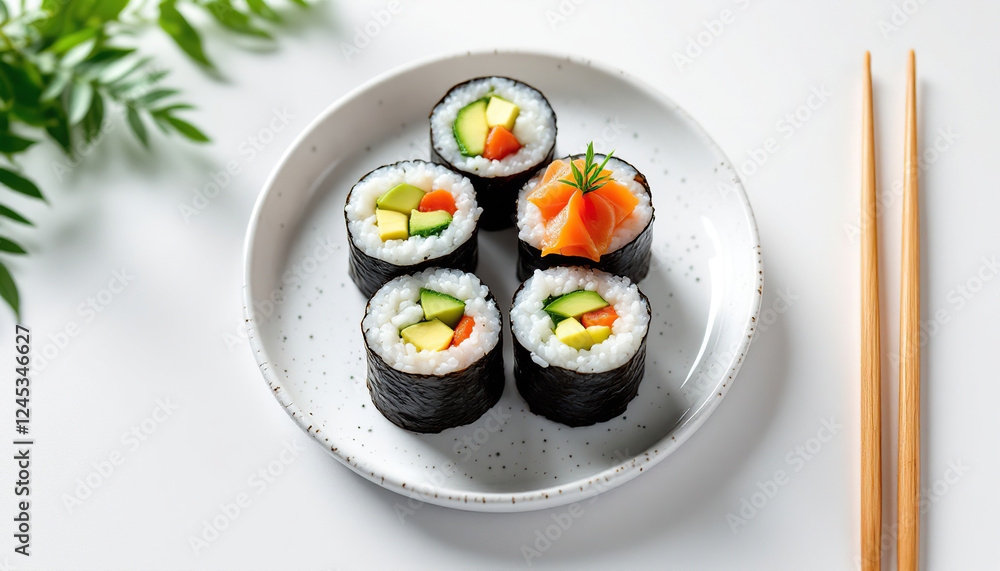 Delicious Avocado Salmon Sushi Rolls on Plate Delicious Avocado Salmon Sushi Rolls on Plate