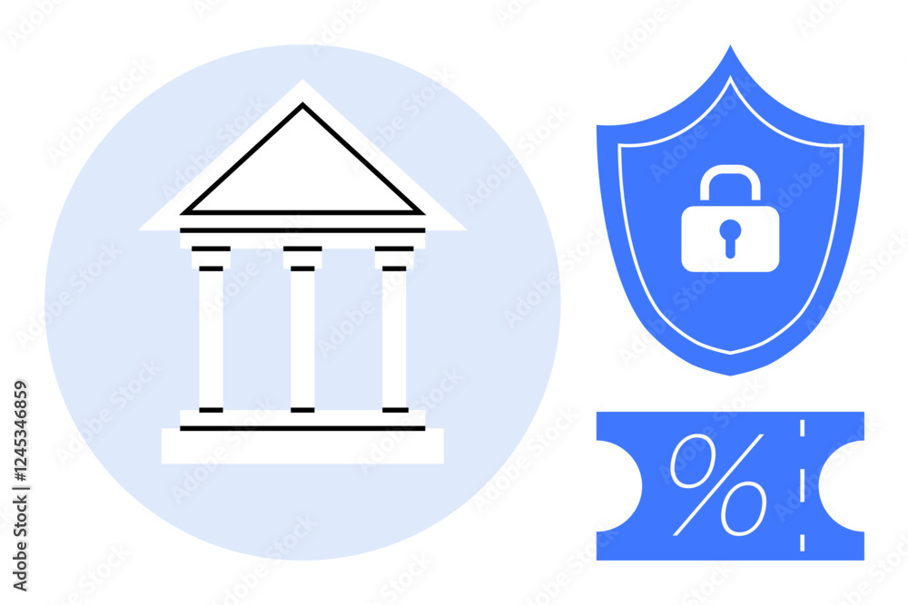 Bank building representing institutions, shield with a lock symbolizing security, and coupon with percent sign for discounts. Ideal for finance, banking, security, savings, discounts, protection