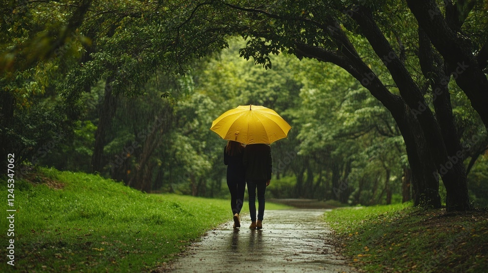 Couple walking in rainy park, yellow umbrella, green trees Couple walking in rainy park, yellow umbrella, green trees