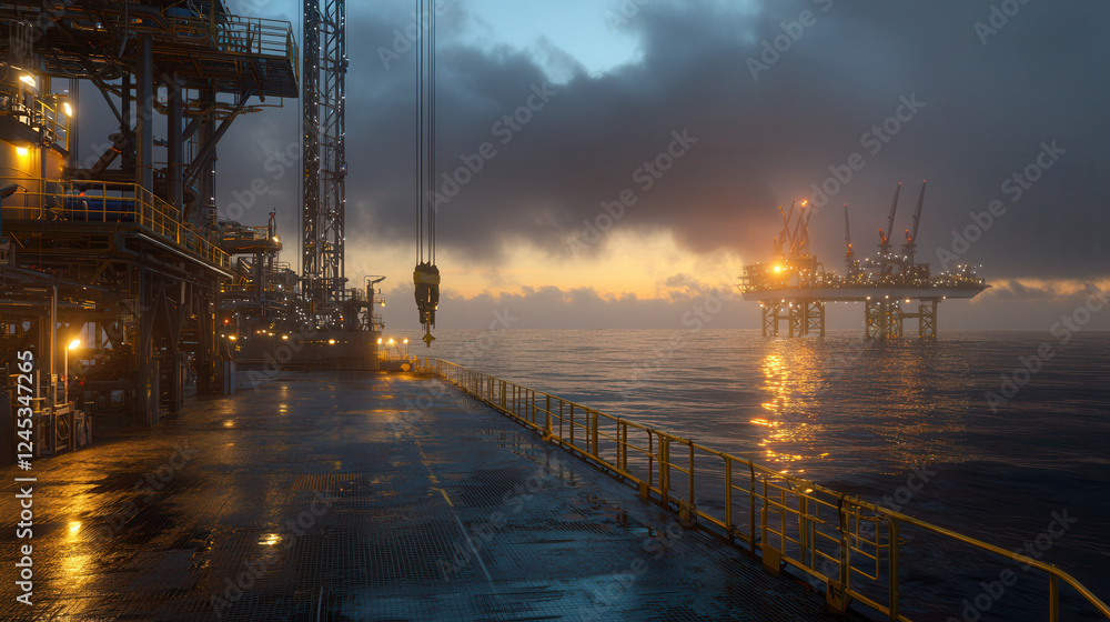 Offshore oil platform at sunset with cranes and calm water reflecting light Offshore oil platform at sunset with cranes and calm water reflecting light