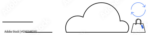Black cloud outline, two horizontal bars, right-side shopping bag with blue tags, blue sync arrows above it. Ideal for shopping, data transfer, cloud storage, synchronization, e-commerce minimal