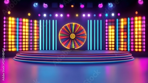 Large game show stage with bright lights, a central podium, and a Wheel of Fortune-style spinning wheel in the background. The blurred studio audience seats enhance the vibrant and energetic atmospher