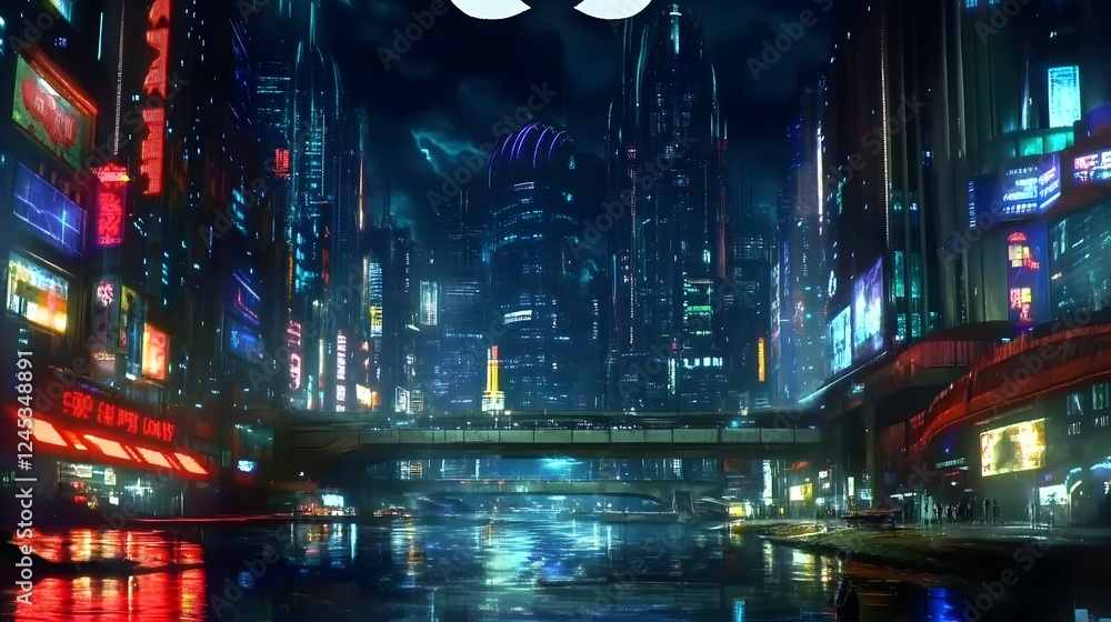 Fototapeta premium Futuristic cityscape at night with towering skyscrapers illuminated by neon lights and holographic billboards. A river flows through the center, reflecting vibrant streetlights