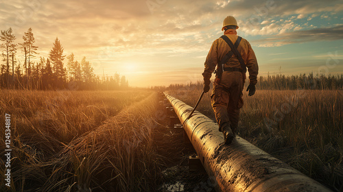 Wallpaper Mural worker in protective gear walks along pipeline at sunset, surrounded by nature beauty Torontodigital.ca
