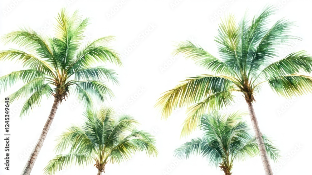 Obraz premium Tropical palm trees against white sky; summer vacation postcard