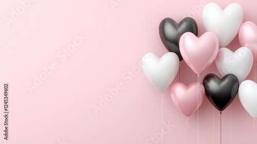 Pink Background with Rose Gold Black and White Heart Balloons