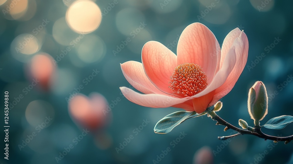 Fototapeta premium Macro shot of blooming pink magnolia flower with soft sunlight and bokeh background