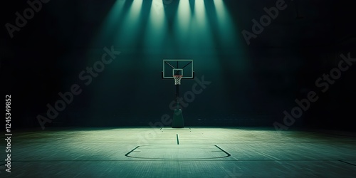 Cinematic View of a Vacant Basketball Court with Dramatic Lighting and Shadows photo