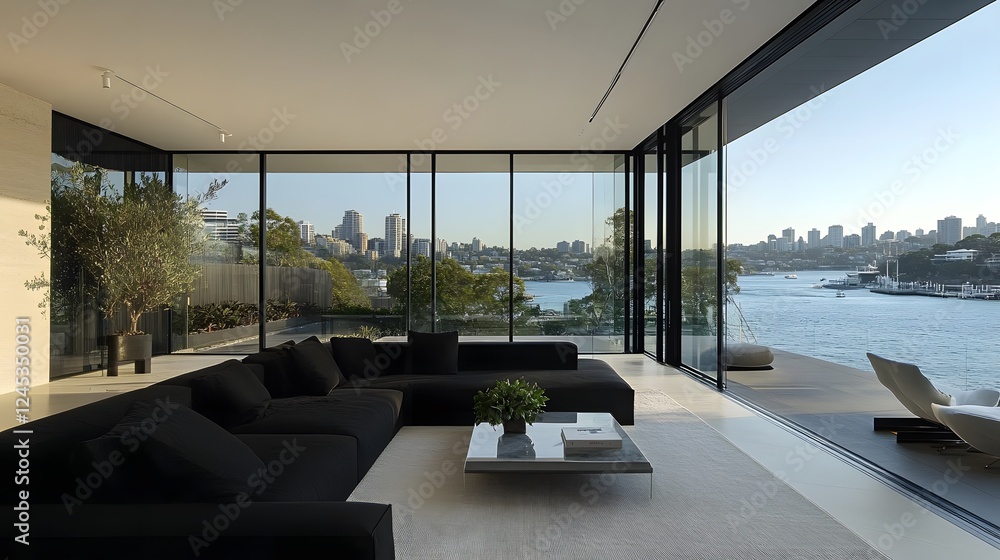 Chic Minimalist Living Room with Expansive Windows Overlooking Scenic Waterfront Chic Minimalist Living Room with Expansive Windows Overlooking Scenic Waterfront