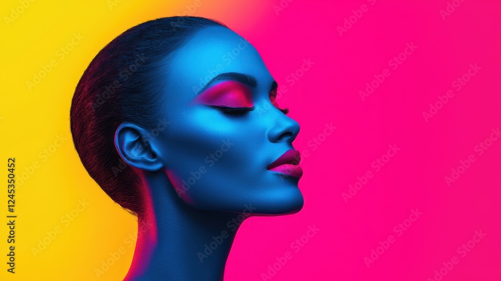 A striking profile of a woman with vibrant blue skin against a bold pink and yellow backdrop, showcasing artistic makeup and a modern aesthetic. A striking profile of a woman with vibrant blue skin against a bold pink and yellow backdrop, showcasing artistic makeup and a modern aesthetic.