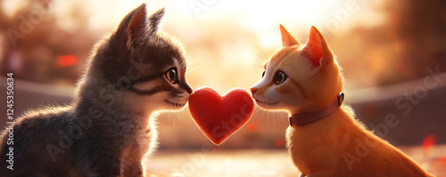 Two adorable kittens share a moment of love with a heart in between them. photo