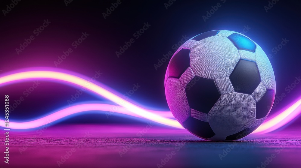 Naklejka premium Glowing soccer ball soaring through a neon lit futuristic abstract backdrop conveying the energy speed and dynamism of the sport