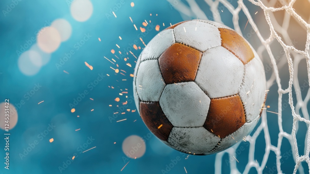 Fototapeta premium High energy Soccer Ball Forcefully Hitting the Goal Net Generating Dramatic Sparks and Highlighting the Intensity and Triumph of the Game