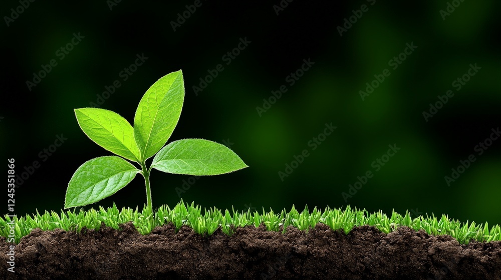 Naklejka premium New Life in Green: A vibrant green sprout emerges from the rich, dark soil, with lush grass surrounding it, against a background of varying shades of green.