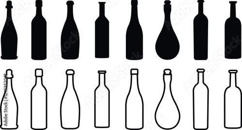 Wine bottle icon in flat, line set. Shape of traditional glass bottle of still wine isolated on transparent background. Vector for apps, website Glass Bottle Types Alcohol Beverage Bar Drink Concept.