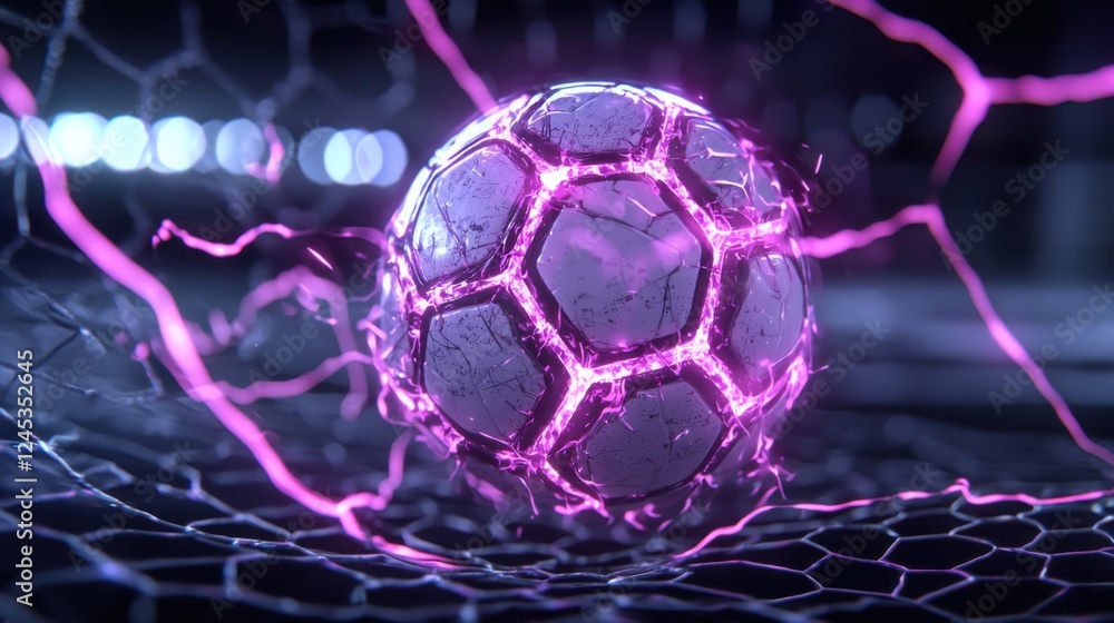 Glowing high speed soccer ball striking a futuristic neon lit sports net in a dynamic abstract sports technology scene The ball appears to be moving at rapid speed Glowing high speed soccer ball striking a futuristic neon lit sports net in a dynamic abstract sports technology scene The ball appears to be moving at rapid speed