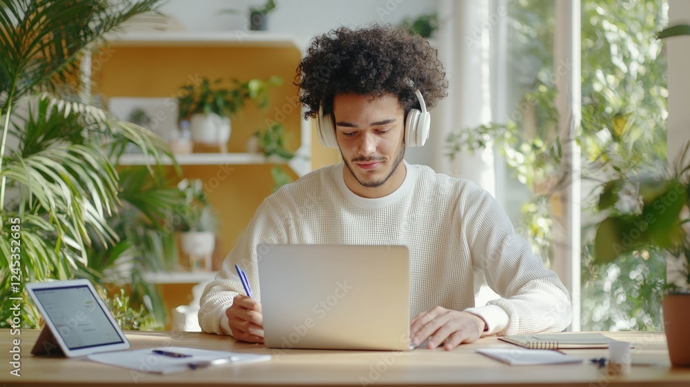 Young professional student education training learning remotely, taking digital notes on laptop, wearing headphones in green home workspace surrounded by indoor plants Young professional student education training learning remotely, taking digital notes on laptop, wearing headphones in green home workspace surrounded by indoor plants