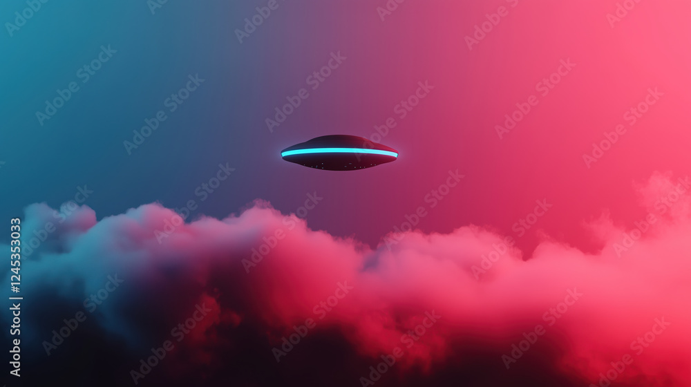 Ufo spacecraft in gradient pink and blue clouds. Science fiction and supernatural phenomena Ufo spacecraft in gradient pink and blue clouds. Science fiction and supernatural phenomena