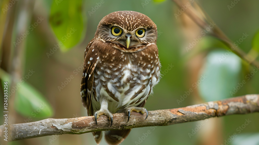 Focused Gaze - Intimate Portrait of a Resilient Pygmy Owl Amidst the Verdant Wilderness Focused Gaze - Intimate Portrait of a Resilient Pygmy Owl Amidst the Verdant Wilderness