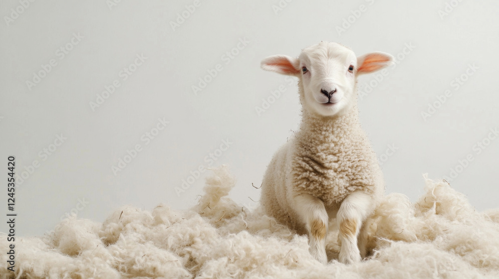 Fototapeta premium fluffy lamb stands relaxed on pile of wool, ears perked up