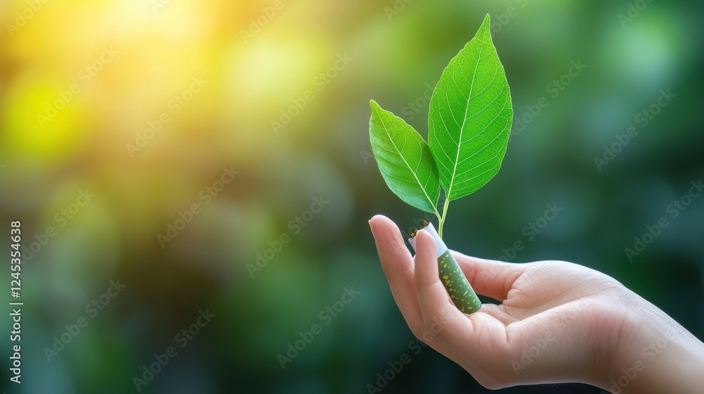 Human hand holding a fresh green leaf as an alternative to a cigarette symbolizing the choice for a healthier more environmentally conscious lifestyle and a move away from harmful habits Human hand holding a fresh green leaf as an alternative to a cigarette symbolizing the choice for a healthier more environmentally conscious lifestyle and a move away from harmful habits