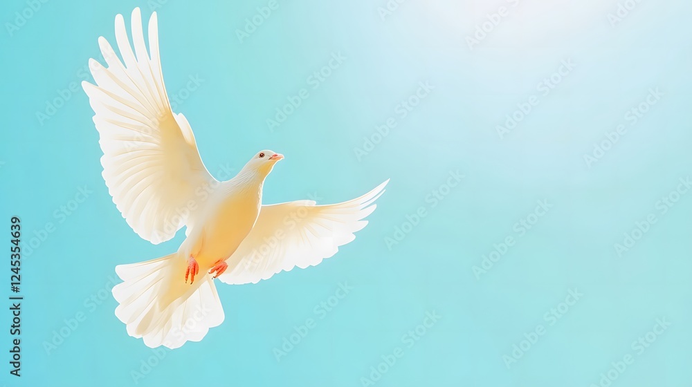 White dove soaring upwards against clear blue sky, symbolizing freedom, peace, and hope, with minimalistic and serene composition White dove soaring upwards against clear blue sky, symbolizing freedom, peace, and hope, with minimalistic and serene composition