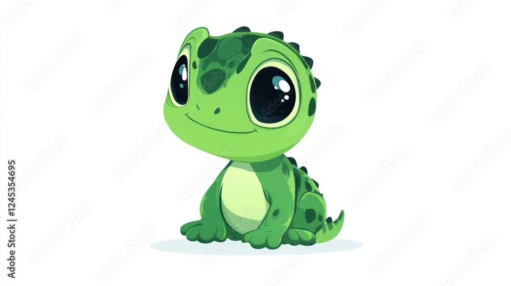 Fototapeta premium Cute green lizard cartoon, sitting, white background, children's book illustration