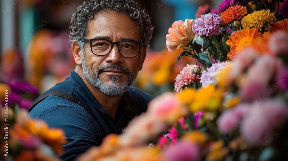 Obraz premium Mature hispanic male in flower shop surrounded by colorful blooms