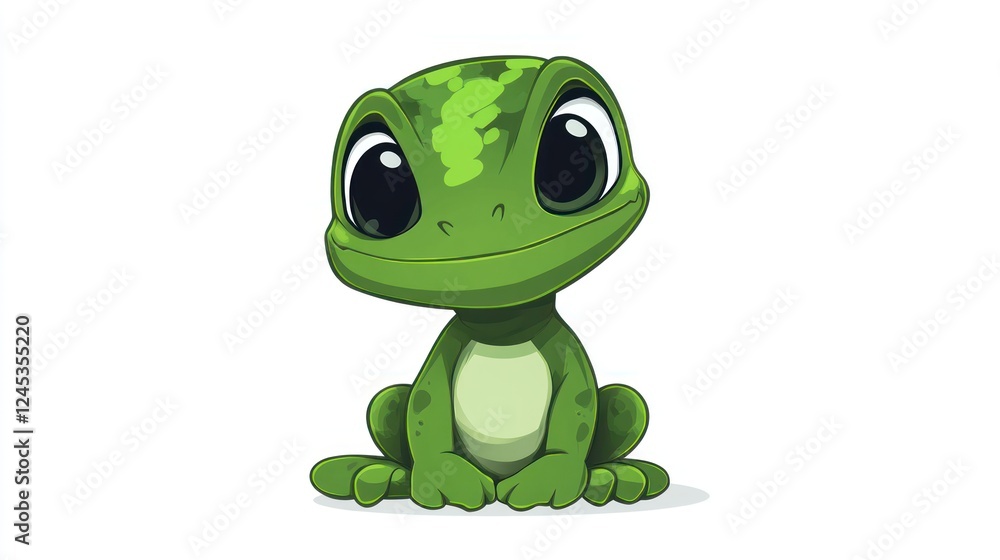 Fototapeta premium Cute green gecko cartoon sitting, white background, children's book illustration