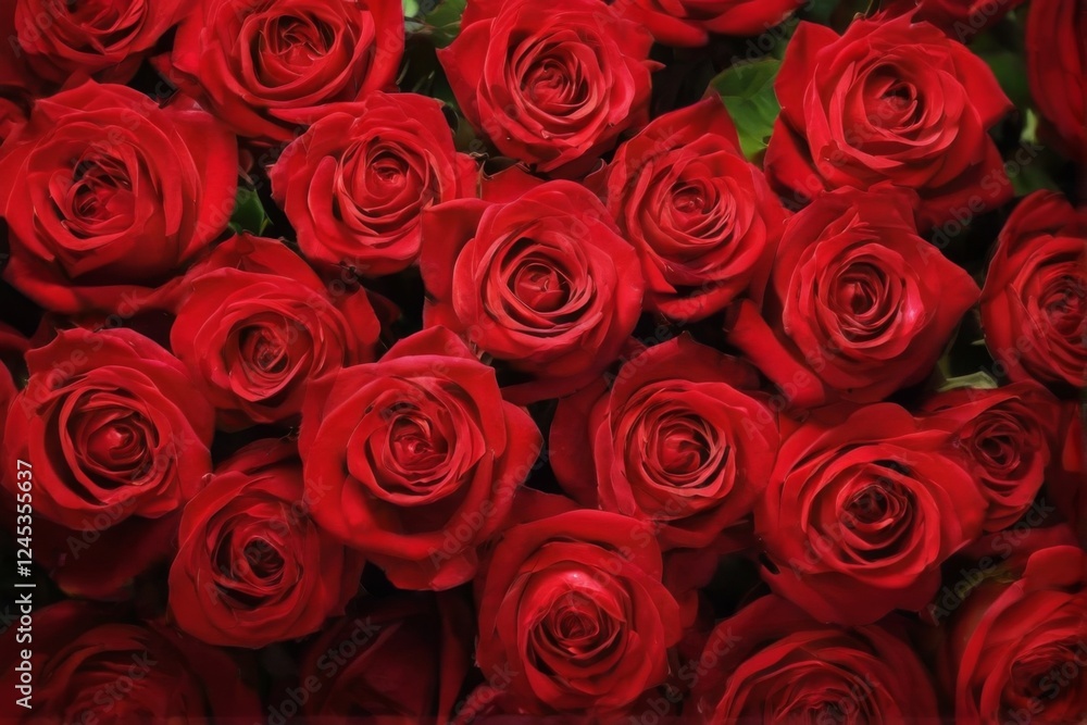 Closeup of vibrant red roses arranged to overlap, showcasing deep red petals, lighter centers, and dark green leaves. Romantic and elegant. Closeup of vibrant red roses arranged to overlap, showcasing deep red petals, lighter centers, and dark green leaves. Romantic and elegant.