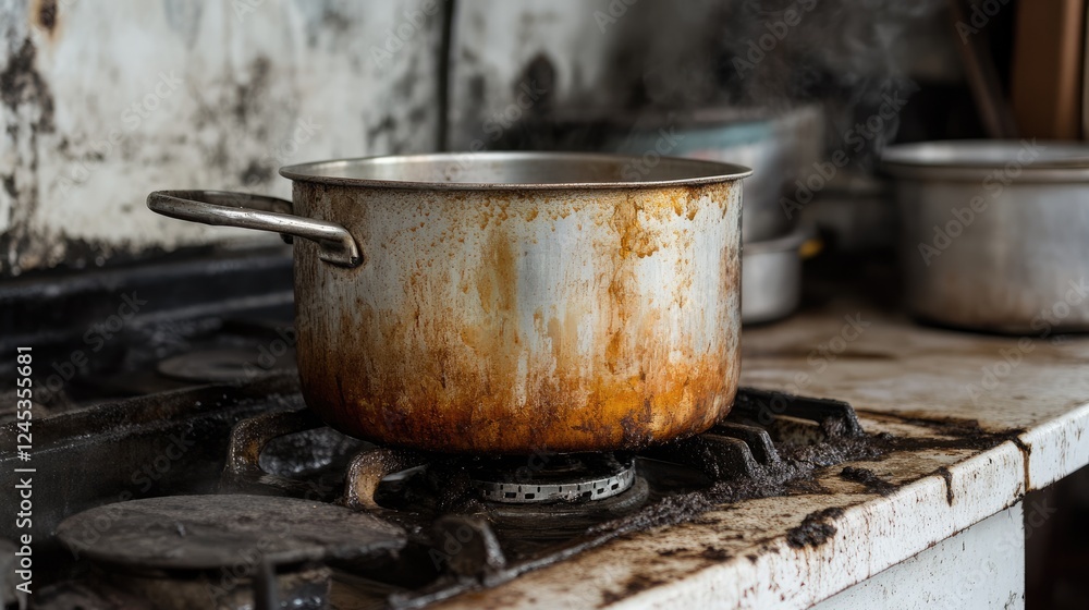 A greasy aluminum pot sitting on a stained stovetop. A greasy aluminum pot sitting on a stained stovetop.