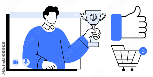 Person holding a trophy during a video call, thumbs up symbol, shopping cart with three notifications. Ideal for achievement, digital meetings, online shopping, social media, e-learning, customer