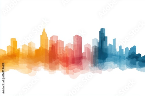 A vibrant watercolor skyline illustration featuring buildings in hues of orange, red, and blue against a white background.