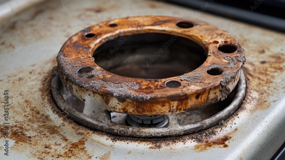 A greasy gas stove burner ring before deep cleaning. A greasy gas stove burner ring before deep cleaning.