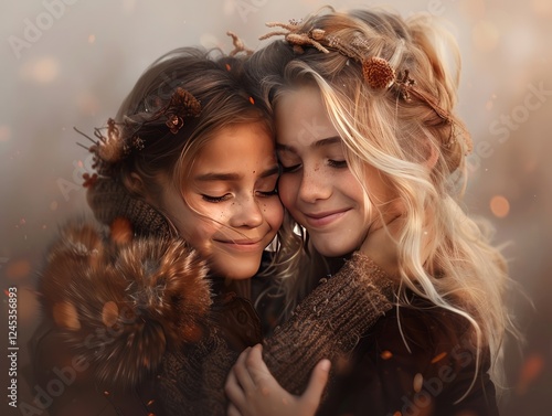 Sisterly Love: Tender embrace between two young sisters, their close bond radiating warmth and innocence, a portrait of the unique connection between siblings.  