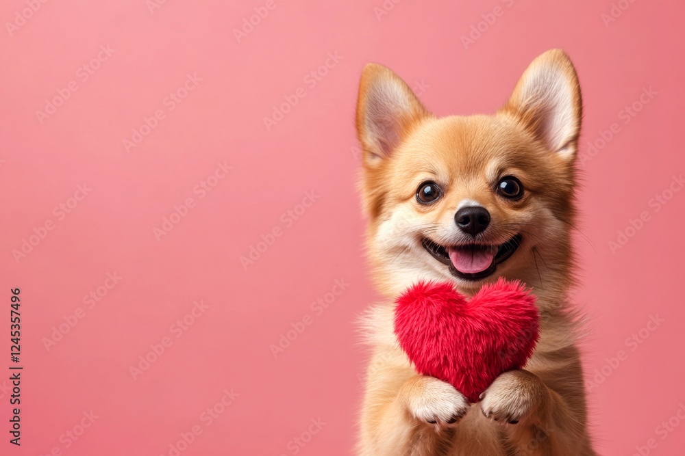 Obraz premium Cute finnish spitz canine with fluffy red heart - sign of love, funny greeting card. Ad idea. Finnish spitz - my desired dog. Love and companionship. Dog valentine's gifts. Animal friendship.